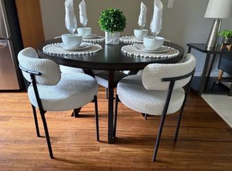 Title: Round Dark Wood Dining Table with 4 Cream Upholstered Chairs