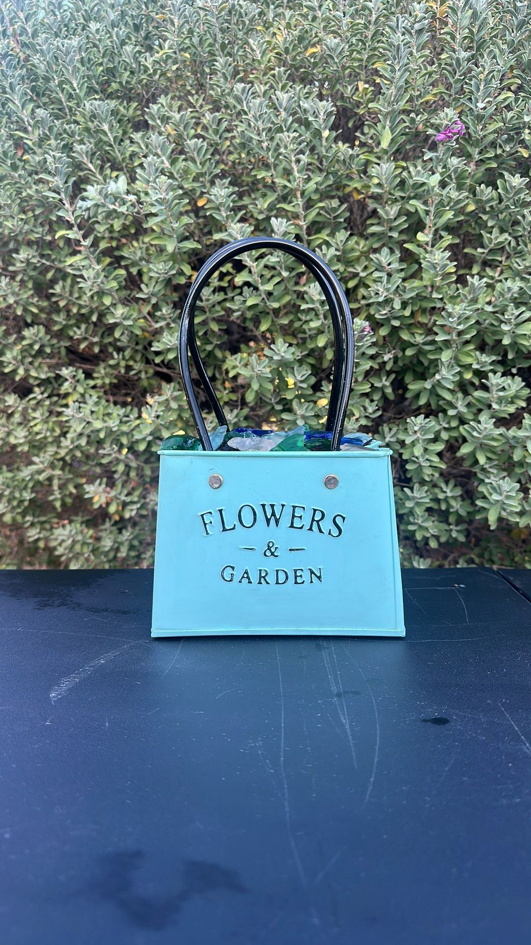 Flower Pot In A Purse Shape With Soil & Decorative Glass - Used In Great Condition