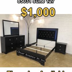 Queen Size Led Bedroom Set Black Include Bed Frame Dresser Mirror And 1 Nightstand Brand New