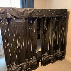 Single bed, frame, curtains and mattress