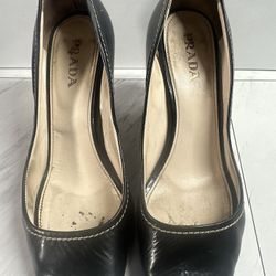 Prada Black Patent Leather Peep Toe Espadrille Wedge Pumps Size  36