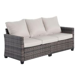 3-Seat Wicker Outdoor Patio Sofa Sectional Couch with Beige Cushions