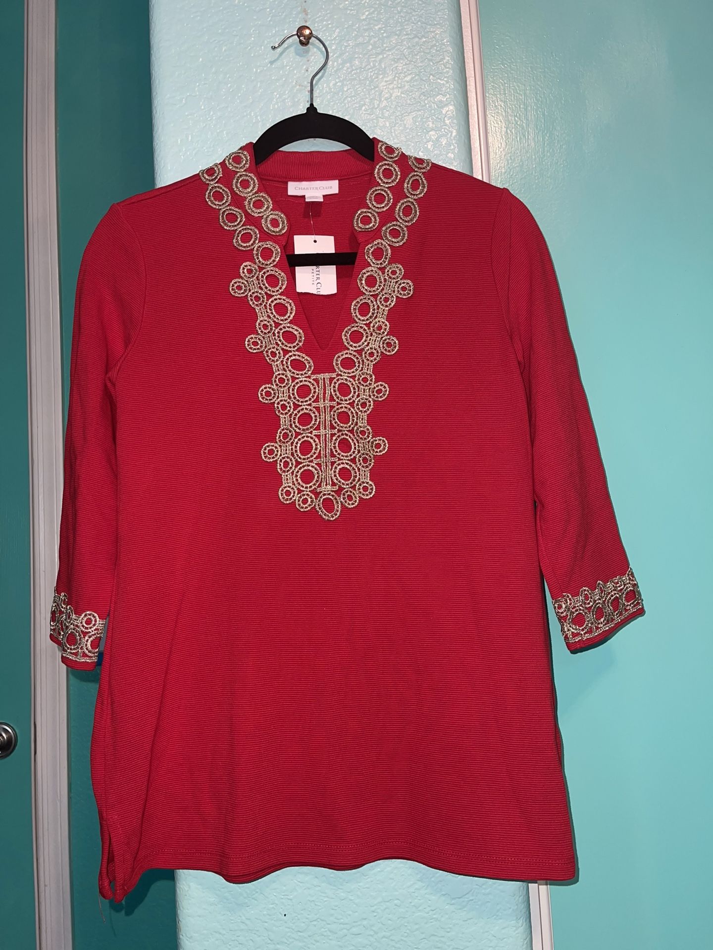 Red Ribbed And Gold Charter Club Tunic P/S