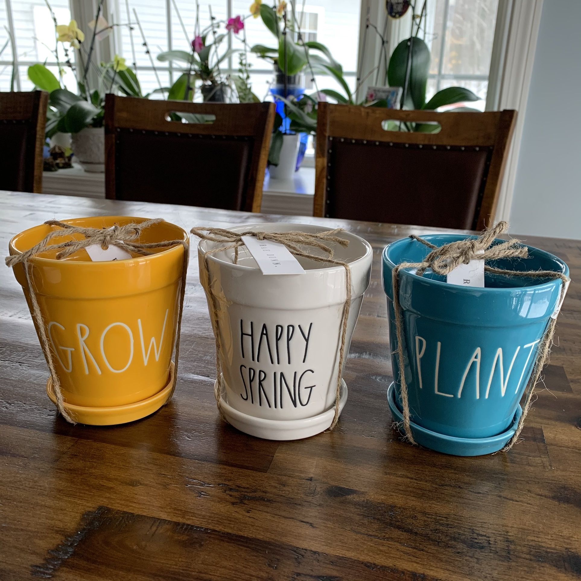 Rae Dunn “ Grow, Happy Spring, Plant “ Flower Pots Set Of 3