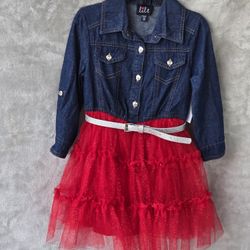 Lilt Girls Dress Denim & Red Tulle Rolled Sleeves Size XXS 4/5 Party Holiday Dress