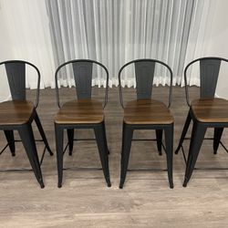 26 inch Bar Stools Set of 4 High Back Metal Kitchen Counter Height Chairs Barstools with Wooden Seat Industrial Matte Black