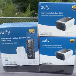 3 EUFY SECURITY CAMERA COMBO. 1 WIRELESS  VIDEO DOOR BELLL 