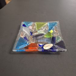 Rare Murano Fused Glass Trinket Dish Or Ashtray Bright Multicolored Geometric Shapes W/Millefiori Silver Foilage Made In Venezia Italy  🇮🇹  3.5"