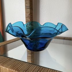 Vintage Peacock Blue Ruffle Bowl Mid Century Art Glass Bowl Handblown Home Decor