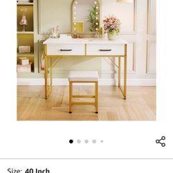 AODK Small Vanity Desk No Mirror, 40 Inch Makeup Desk with Stool, Vanity Table with 2 Fabric Drawers & Steel Hook, Makeup Table for Girls Bedroom, Whi