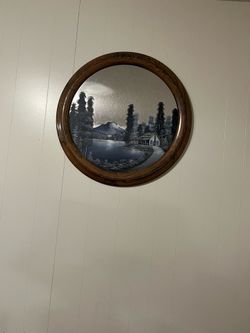 Large Vintage oil hand painted cabin on a lake by Bill Grubbs in Great Condition ready to hang