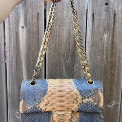 CHANEL Classic Python Leather Double Flap Handbag Purse Bag 100% Authentic RARE