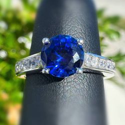 14k white gold 1Ct Natural Blue Sapphire stone 0.8CTW Diamond channel set Engagement Ring sz 5.5