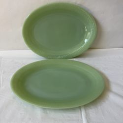 Vintage Fire King Jadeite Glass Platter / Serving Plate, Jane Ray Pattern 12” x 9” - 2 Platters 