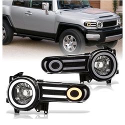AJP Distributors LED DRL Halo Projector Headlights Headlamps Assembly Driver + Passenger Pair Set Compatible/Replacement For FJ Cruiser 2007 2008 2009