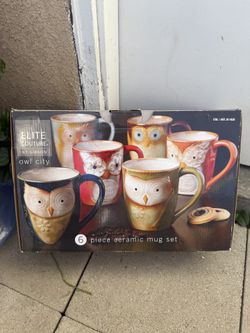 New Gibson Elite Couture Owl City 6 piece ceramic mug set 