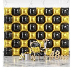 48PCS Black Gold Square Foil Balloons Wall Backdrop Double Sided Metallic