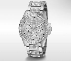 GUESS Mens Silver Tone Multi-function Stainless Swarovski Crystal watch