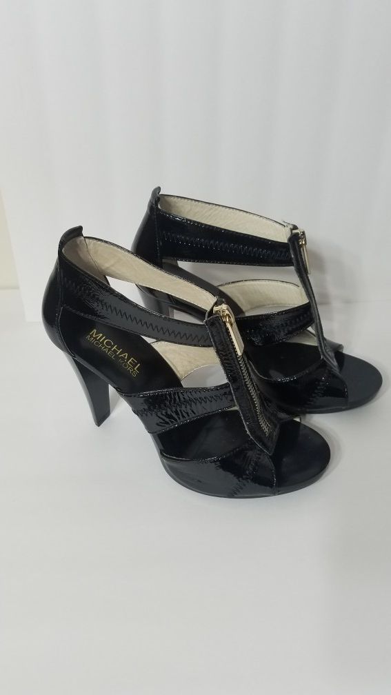 Michael Kors Womens Black Patent Leather Zip Up Sandals Heels Shoes 6 M