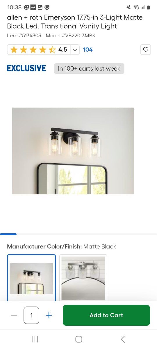 Allen + Roth Emeryson 17.75-In 3-Light Matte Black Led, Transitional Vanity Light