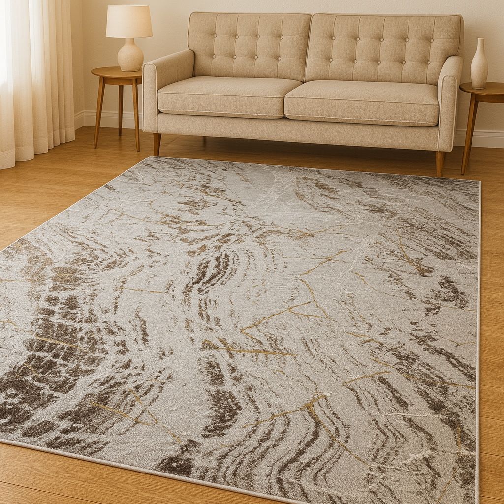 8x10 Modern Beige & Gold Marble Abstract Area Rug