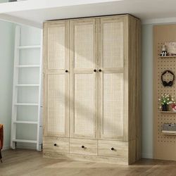 3-Door Wardrobe with Rattan Panels and Drawers