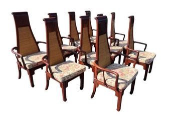 NY: Set of 10 MCM Vintage Rosewood Asian Chairs with Woven Backs