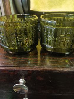 1970's vintage Indiana GLASS AVOCADO 💚 GREEN FEATURING A DISTINCTIVE Aztec OR TRIBAL PATTERN ON AN OCTAGON BODY FOR SALE.