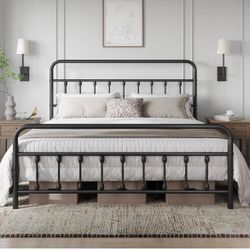 King Bed Frame with Headboard, Victorian Vintage Black Iron