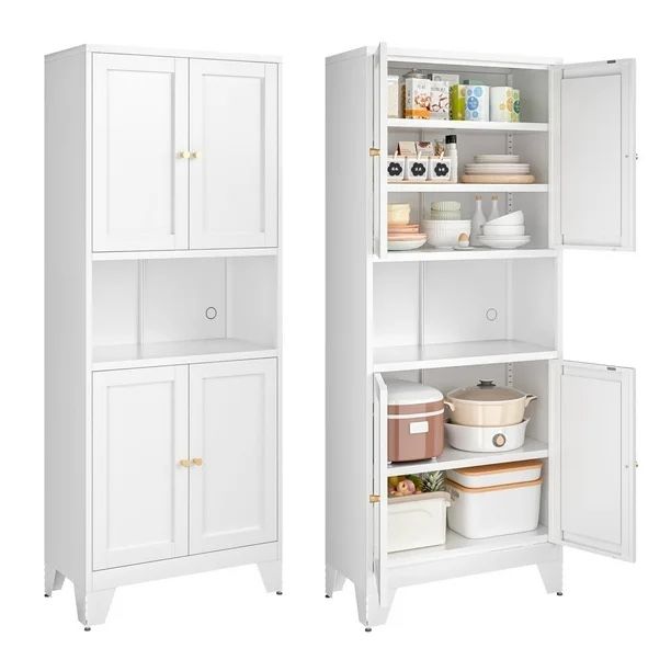 69" Metal Tall Kitchen Pantry Storage Cabinet with Glass Doors 3 Adjustable Shelves
