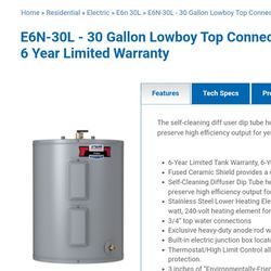 New 30 Gallon Lowboy Water Heater