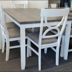✅️✅️(6 pc white & grey finish wood dining table set grey padded seat chairs and bench✅️✅️✅️