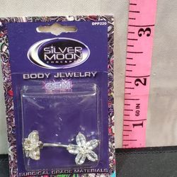 @CHV.  SILVER MOON BODY JEWELRY BELLY BUTTON NAVEL RING DOUBLE END STONE GEM FLOWERS 