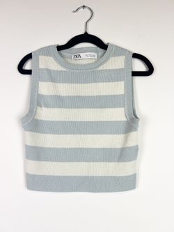 ZARA Light Blue White Striped Knit Crop Tank Top - Size Small