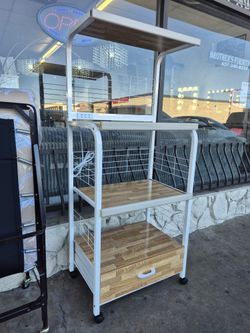 💝  Microwave Rack, White Frame and Natural Panels, 25" x 17" x 59" High, Brand New.