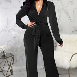 Women's Sexy Jumpsuit Elegant Long Sleeve Straight Long Pants Belted Jumpsuit