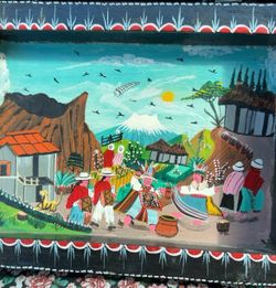 Hand-Painted Folk Art Panel Latin American Scene paint it on animal hide