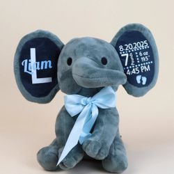 Birth Announcement Elephant Plush Toy Blue