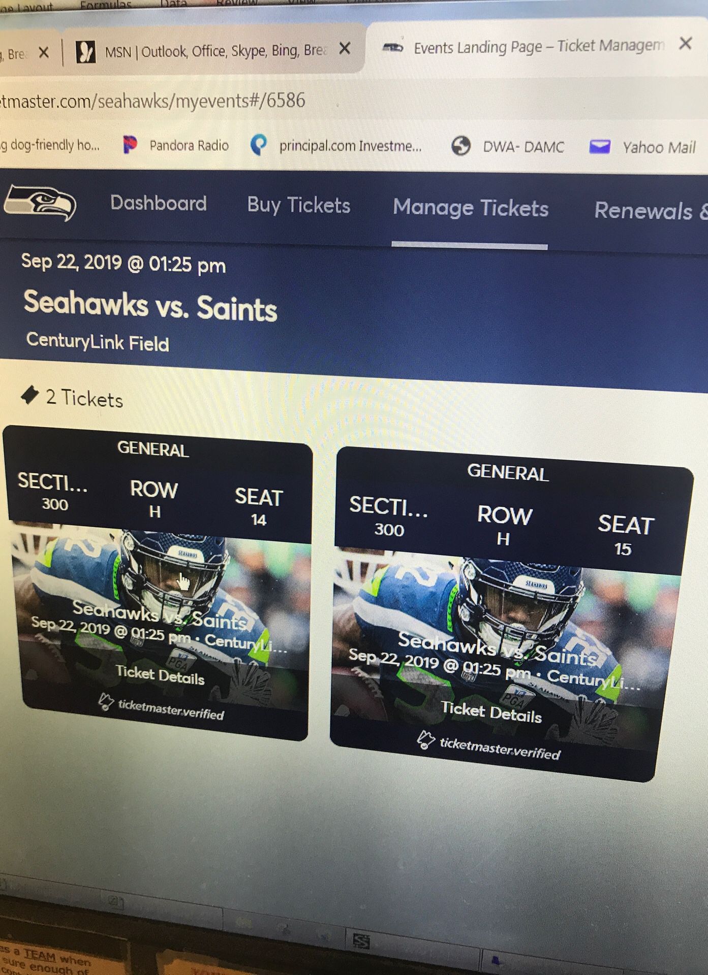 Seattle Seahawks vs New Orleans Saints (2 tickets)