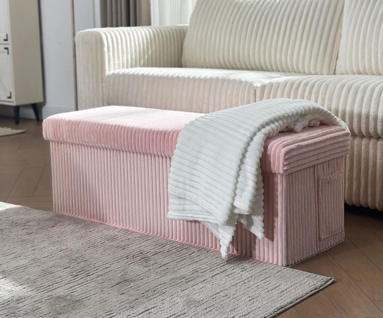 Pinmoco 43" Folding Storage Ottoman , Corduroy Storage Bench Entryway Bench for Bedroom, Living Room, Pink