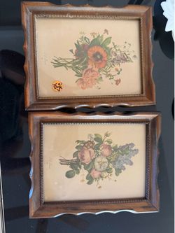 Pair of Vintage Botanical Floral Prints in Wood Frames