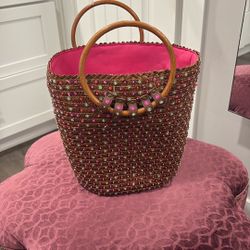 Vintage Victoria’s Secret Straw Woven bucket bag With Sequins embellishment and around wooden handles