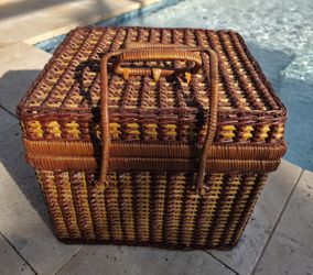 Vintage Wicker Picnic Basket(12"x13"x10.5") With Hard Plastic Picnic Wares
