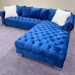 Royal Blue Velvet RAF Sectional /couch /Living room set