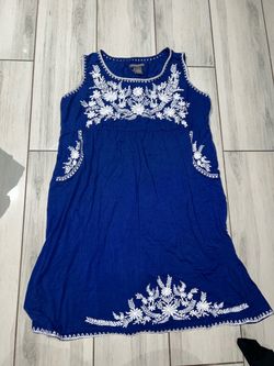 Blue Sleeveless Dress with White Floral Embroidery