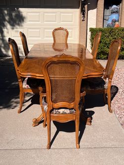 Vintage Marquetry Pedestal Dining Table and 6 Cane Back Chairs