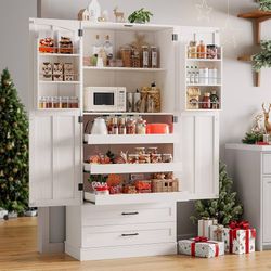 71" Kitchen Pantry Cabinet, 3 Pull-Out Shelf & 2 Drawer, Off-White Tall Farmhouse Pantry Storage Cabinet with 6 Door Shelf & Adjustable Shelf, Freesta