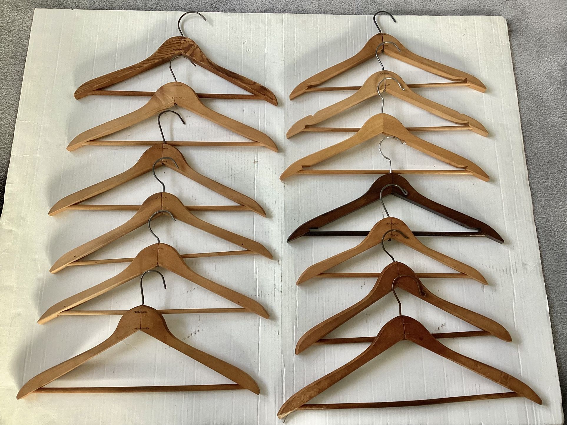 13 Hardwood Suit Clothing Hangers Vtg. 1950s Trouser Bars Metal Hooks