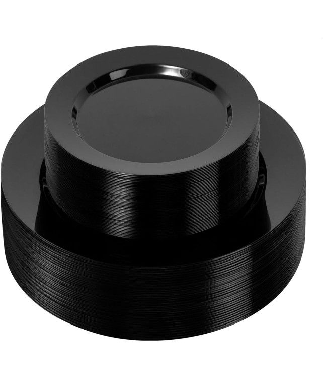 100 black plastic plates, black disposable plates for 50 guests