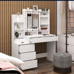 Makeup Vanity Desk With Mirror And Lights White Vanity Table Set With 6 Drawers & Sliding Mirror & Storage Shelves, 3 Lighting Modes Brightness Adjust